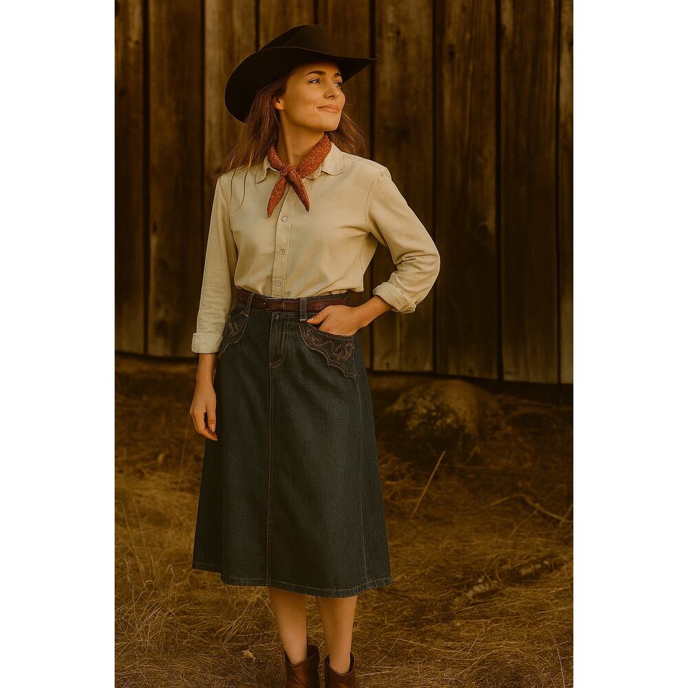 Ralph Lauren Denim Midi Skirt, 10P Blue A-line Embroidered Cowgirl Y2K Western